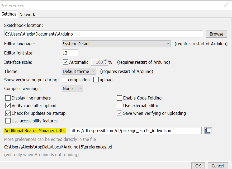 Access the preferences of the Arduino IDE software