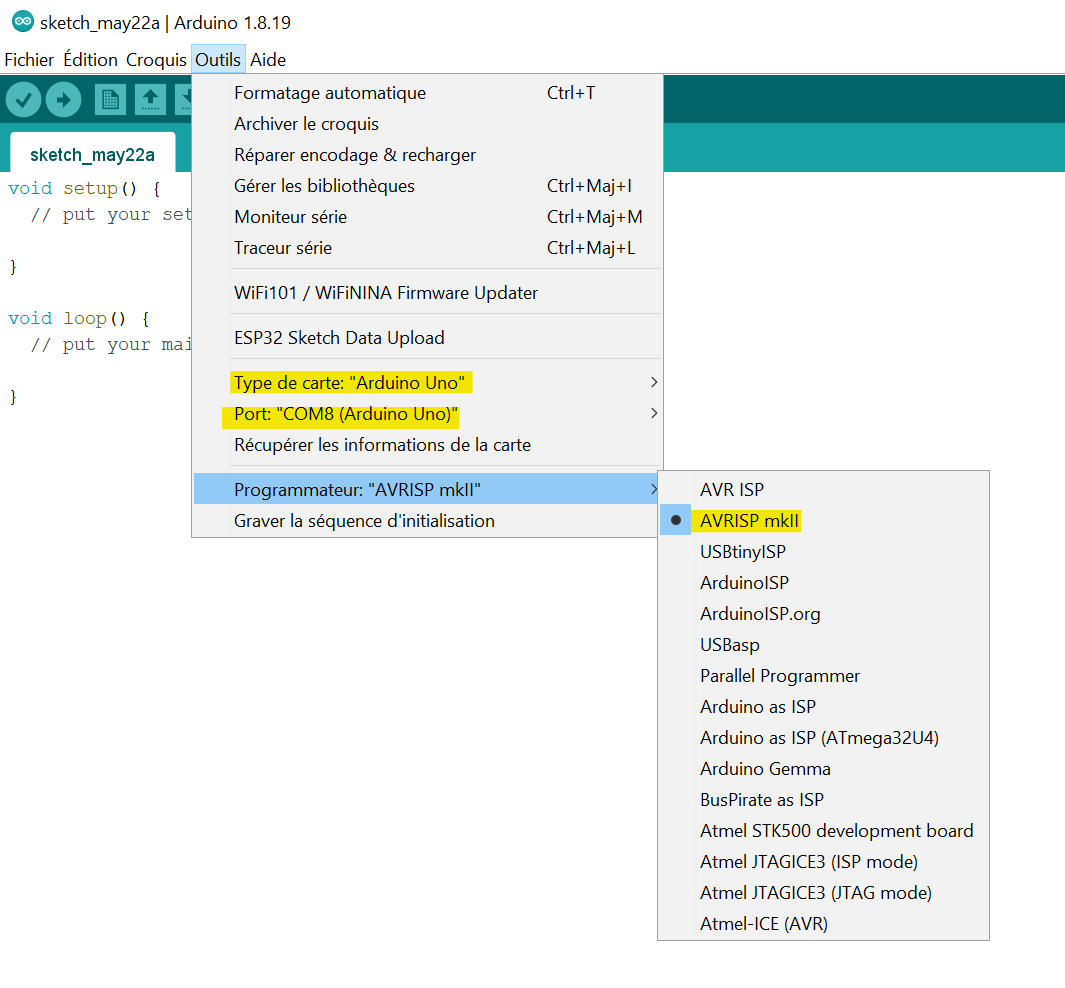 paramètre téleversement arduino uno par défaut