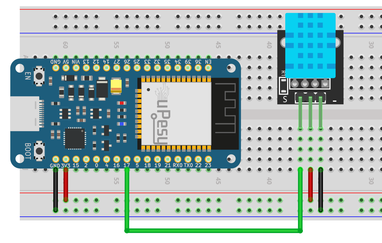 Wiring of the DHT11 and esp32 wroom