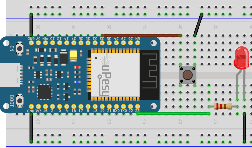 Wiring on prototyping plate of the push button and the led