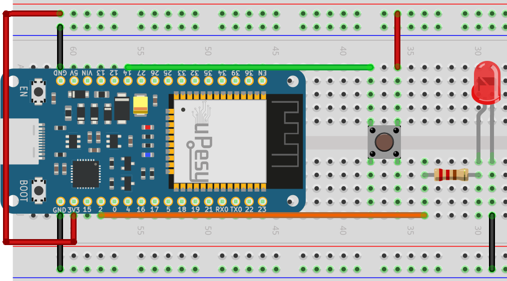 Wiring on prototyping plate of the push button and the led