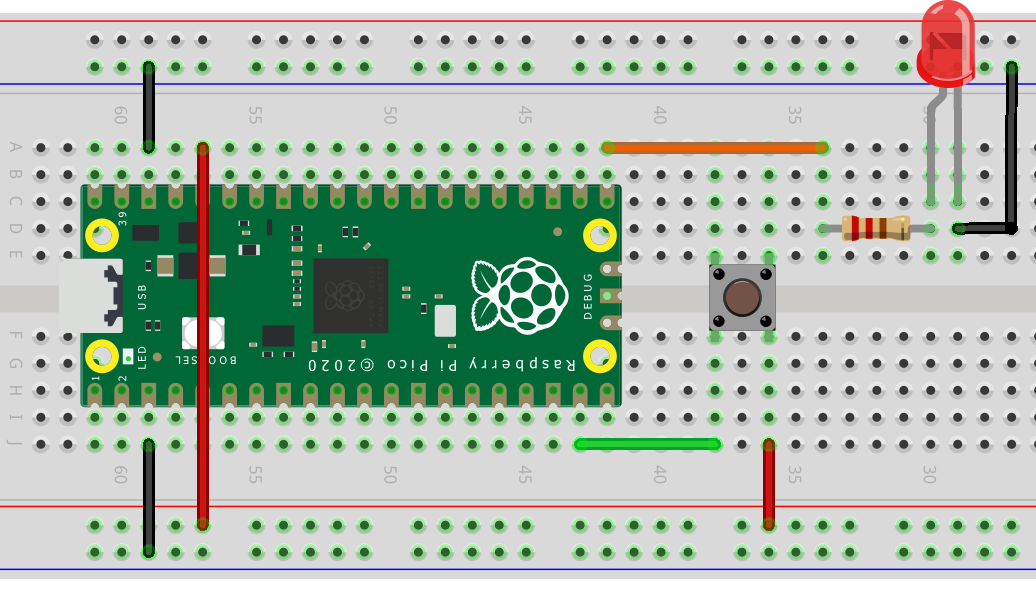 Wiring on prototyping plate of the push button and the led