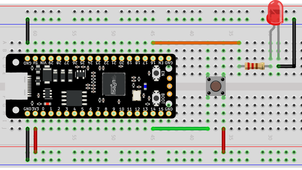 Wiring on prototyping plate of the push button and the led