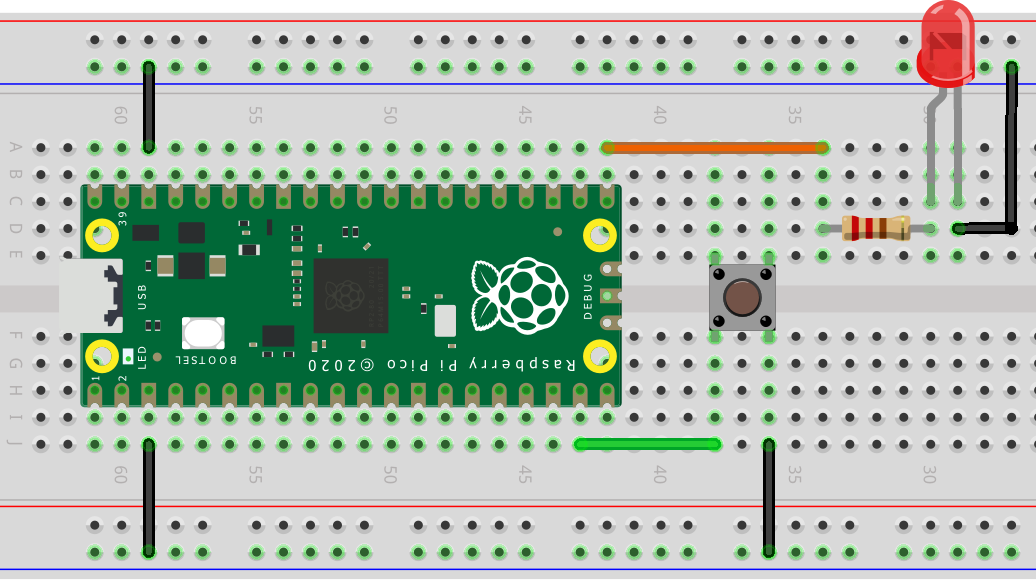 Wiring on prototyping plate of the push button and the led