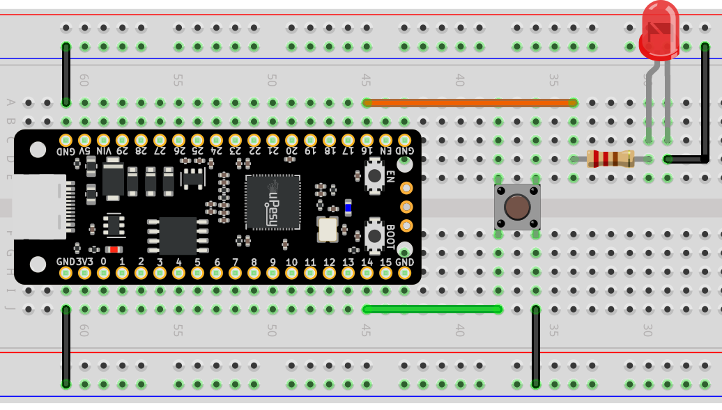 Wiring on prototyping plate of the push button and the led