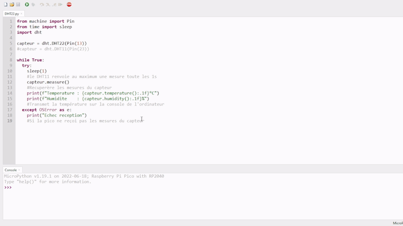 upython  DHT22 with Pico on thonny IDE