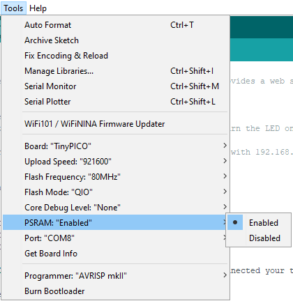 PSRAM activation ESP32 Arduino IDE