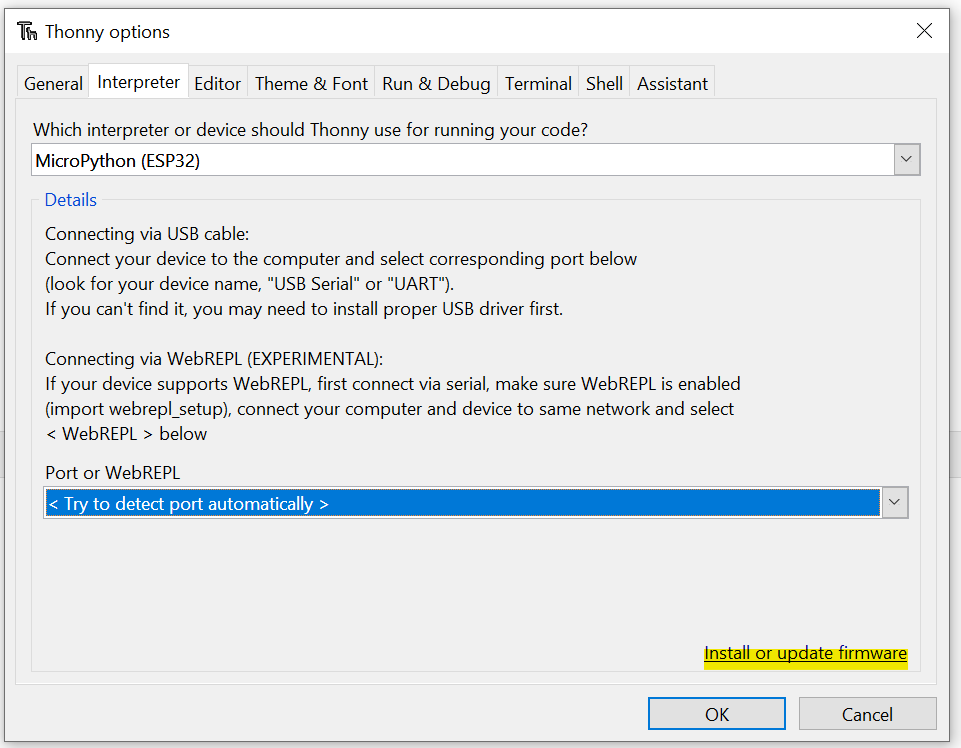 click on install micropython on esp32 from thonny ide