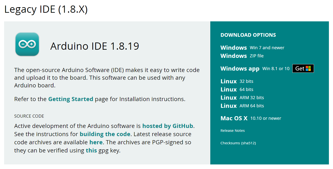 liens téléchargement arduino ide legacy