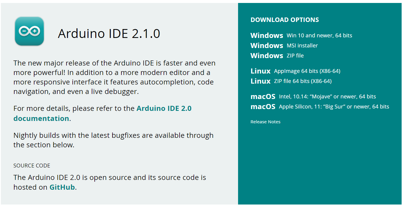 liens téléchargement arduino ide 2.0