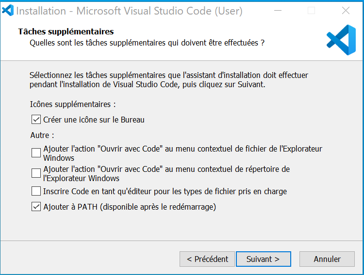options lors de l’installation de VS code